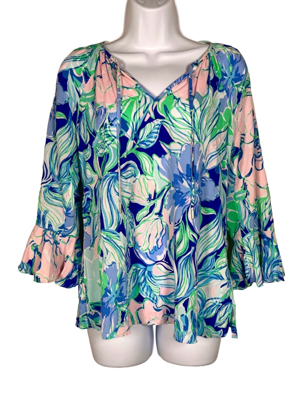 Lilly Pulitzer Willa Top XS Blue Pink Floral Flounce Sleeve Blouse - Picture 3 of 7